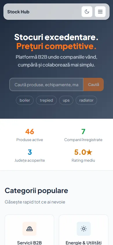 Stock Hub platform, mobile homepage